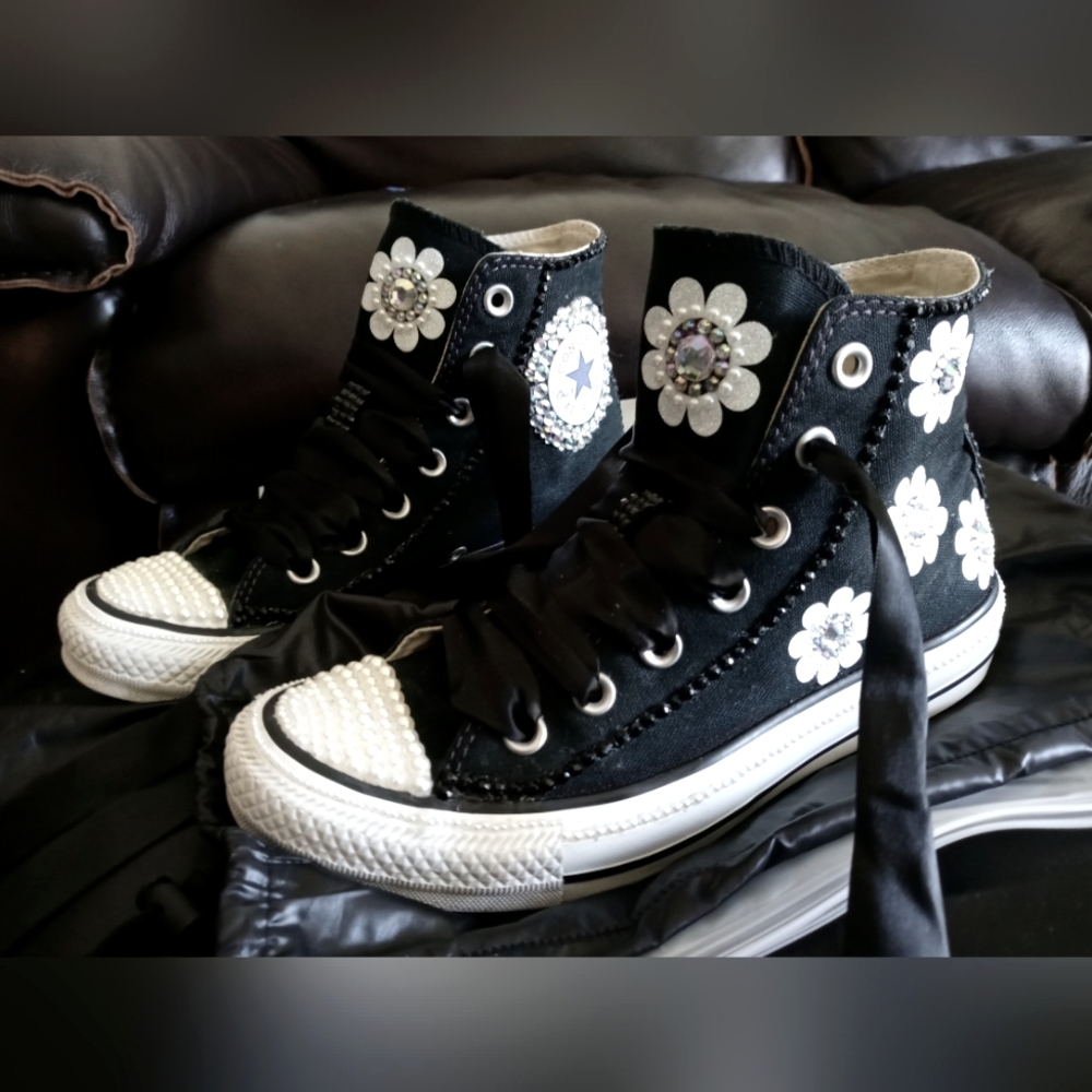 Custom-made Converse black and ivory with iridescent stones and ivory pearls